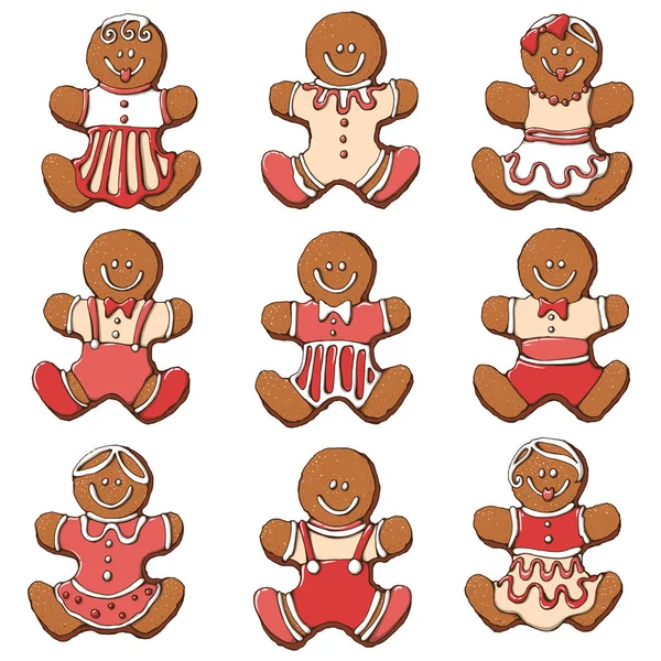 Zencefil Ekmek adam kurabiye dokuz tür vektör kümesi. Kız ve erkek.