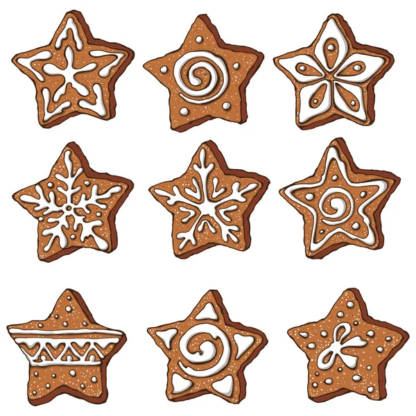 Vector Set Ginger Bread Cookies Star Formed Brown White Glaze — Stock Vector