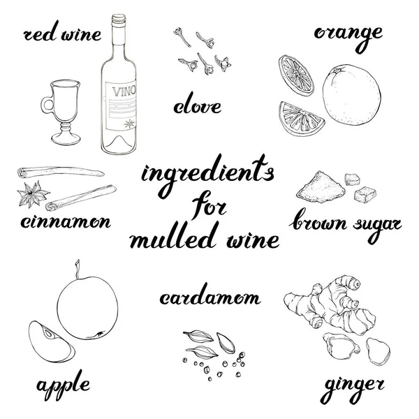 Vektör monochrom ungredients için mulled şarap ile ayarla. Bir şişe kırmızı şarap, cam, clowe, tarçın, kahverengi şeker, portakal, elma, kakule. Yazı adı bu maddeler