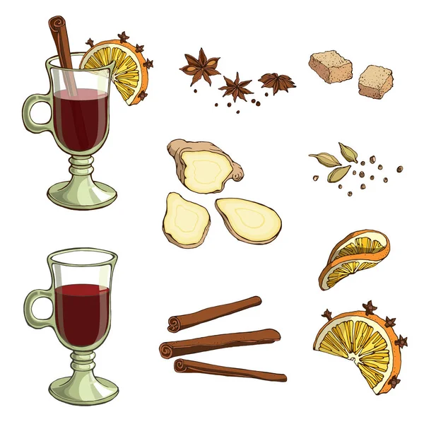 Vektör malzemeler için mulled şarap mulled şarap, kırmızı şarap, kadeh ile ayarla. Dilimlenmiş zencefil kökü, tarçın, kakule, kahverengi şeker, orange karanfil ile dilimlenmiş. Tatil ya da kış yiyecek tasarım öğeleri