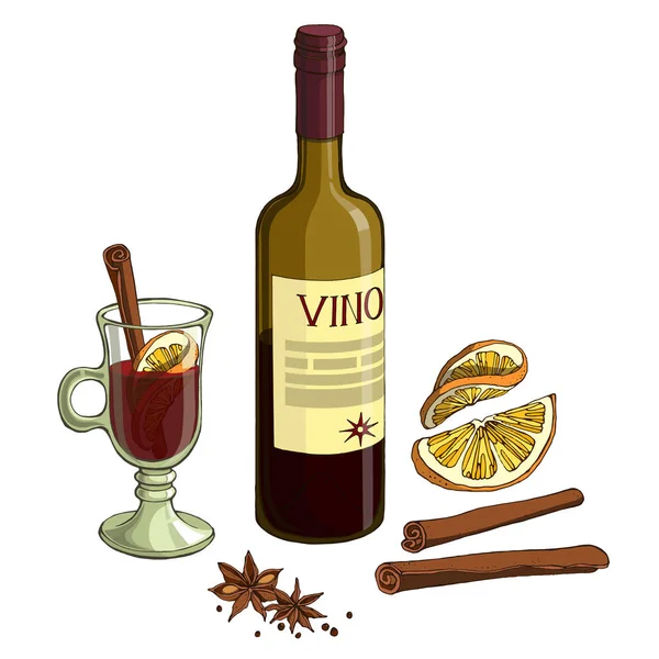 Set Vectores Con Botella Vino Tinto Copa Vino Caliente Palitos — Archivo Imágenes Vectoriales