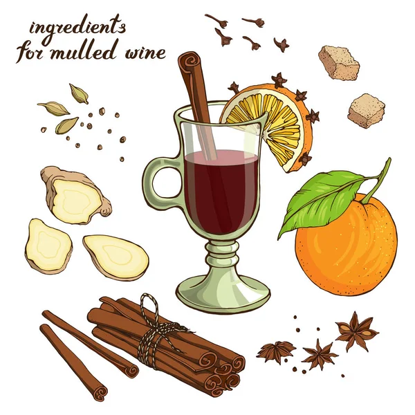 Vektör kümesi mulled şarap için malzemeler: Baharatlar, tarçın, kakule, karanfil, zencefil, kahverengi şeker, portakal, elma. Ve mulled şarap. Tatil Gıda tasarım.