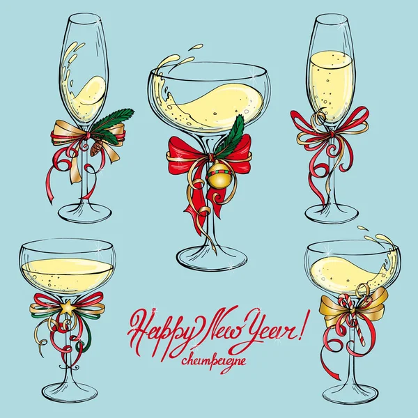 Vektör bardak şampanya Yılbaşı dekor ile ile ayarla. Kış tatil tasarım. 