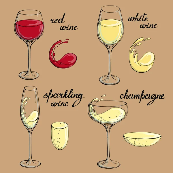 Kırmızı şarap, beyaz şarap ve şampanya ile gözlük vektör ayarlayın. Açık kahverengi renkli.