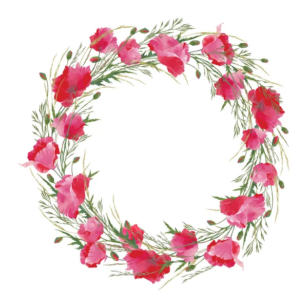 Yeşil yapraklı ve otlu kırmızı gelincik çiçeklerinden bir çelenk. Yaz için kart, davetiye, dekor tasarımı için çiçek çiçeği ögesi .