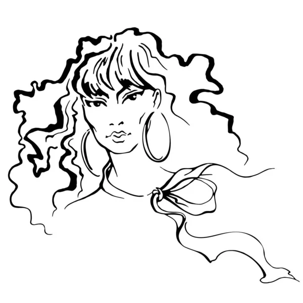 Vektör el, uzun dalgalı saçlı, uzun ve büyük küpeli ve boynunda fiyonk olan güzel bir kadının çizdiği siyah beyaz çizim. Güzellik ve moda tasarımı için beyaz elemente izole edilmiş
