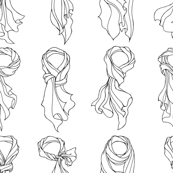 Siyah beyaz doğrusal el ve farklı bükülmüş ipek eşarplar çizilmiş vektörsüz desen. Tekstil, ambalaj kağıdı ve duvar kağıdı için göz alıcı moda aksesuarları olan tek renkli tasarım.