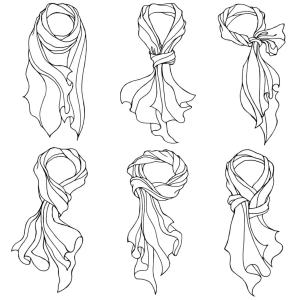 Farklı bükülmüş ipek eşarpların vektör seti. El çizimi siyah-beyaz doğrusal çizim. Moda tasarımı için beyaz elementlere izole edilmiş