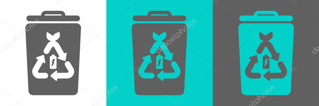 Trash bin vector element with battery outline icon. Eco style flat logo.