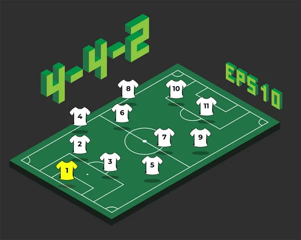 Football 4-4-2 formation with isometric field. — Stock Vector