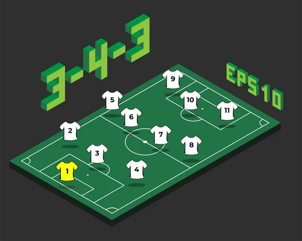 Football 3-4-3  formation with isometric field. — Stock Vector