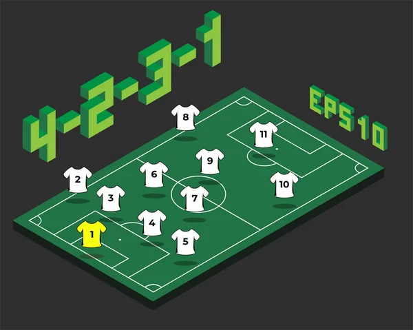 Football 4-2-3-1  formation with isometric field. — Stock Vector