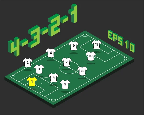 Football  4-3-2-1 formation with isometric field. — Stock Vector