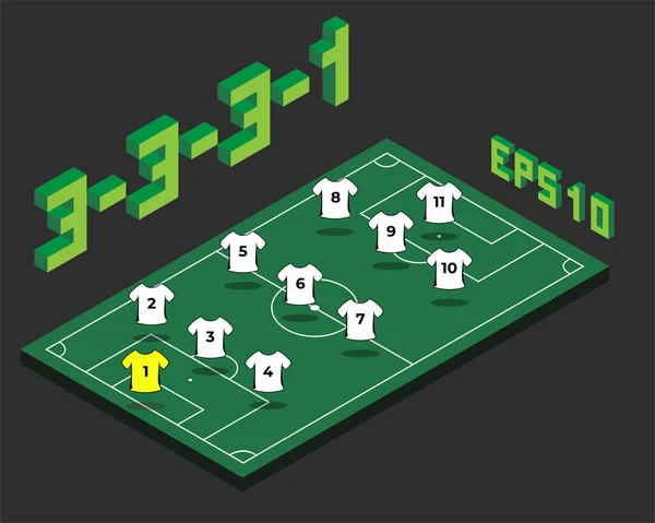 Football 3-3-3-1   formation with isometric field. — Stock Vector