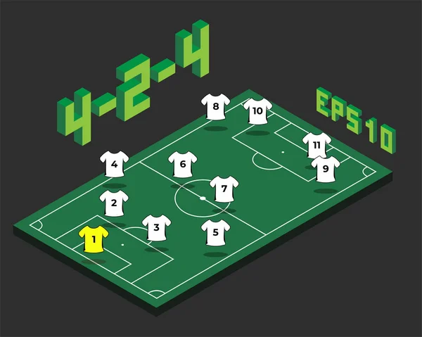 Football 4-2-4 formation with isometric field. — Stock Vector