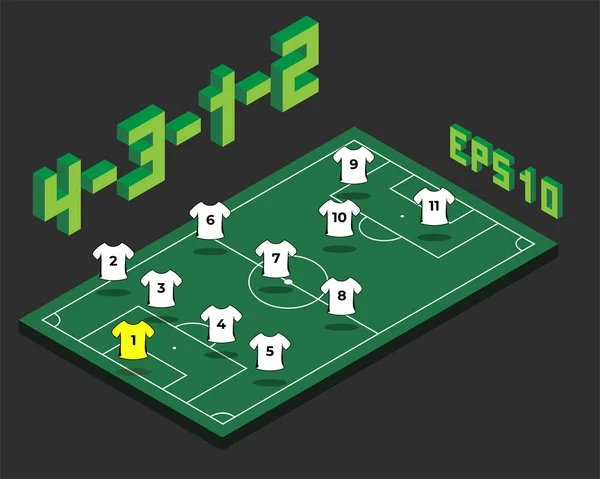 Football 4-3-1-2  formation with isometric field. — Stock Vector