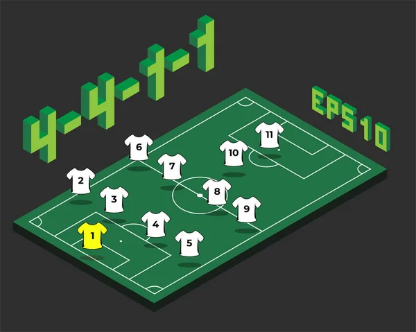 Football 4-4-1-1 formation with isometric field. — Stock Vector