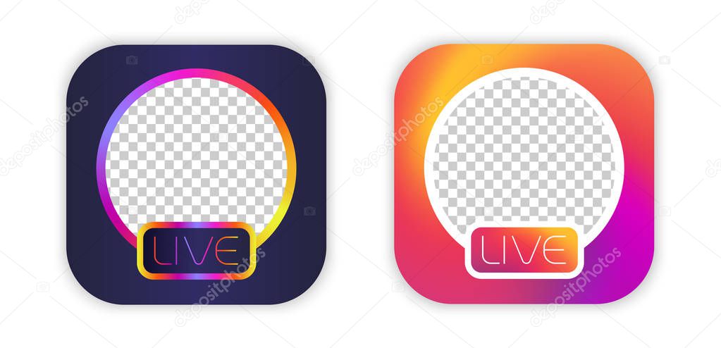 Social media stories live video TV streaming icon. Vector gradient frame mockup with transparent circle