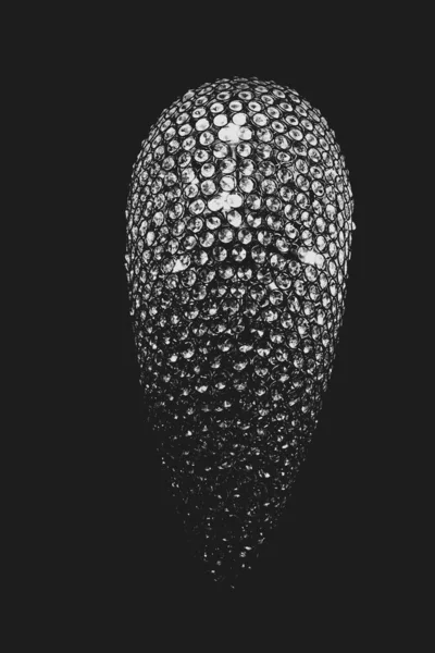 Black and white photo of unusual shaped lamp with crystal scales surface. Sparking glass circle textured chandelier. Modern glowing lampshade in darkness. Abstract patterned background. Interior decor. Seed shaped lampshade. Glowing objects closeup.