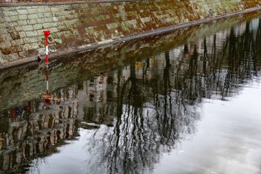 Berlin Almanya'da Spree nehri Sonbahar manzara. Eski tuğla seti yeşil ve kahverengi yosun ile büyümüş. Yüzen sarı sonbahar yaprakları ile kanal suyunda çıplak ağaçların bulanık yansıması.
