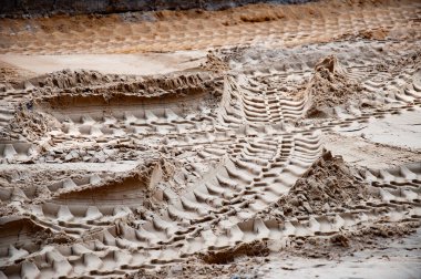 Araba izleri ıslak kumda.