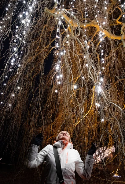 Kış Akşamları Çelenkli Ağaç — Stok fotoğraf