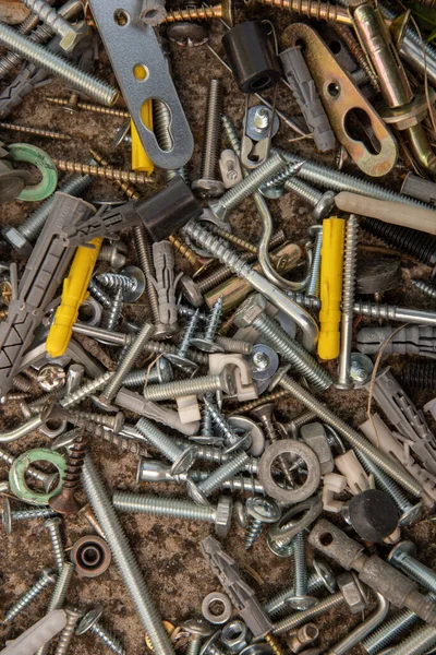 Vintage Bouten Moeren Haken Pluggen Grunge Stenen Ondergrond Met Kopieerruimte — Stockfoto