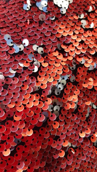 Bright Red Scales Closeup Two Sided Sequin Fabric Texture Red — Stock Photo, Image