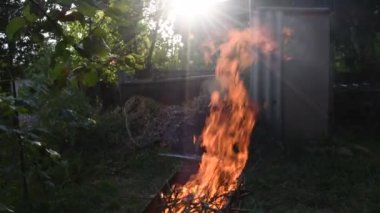Güneş ışınları altında yanan ateş. Bulanık arka planda kamp ateşi.
