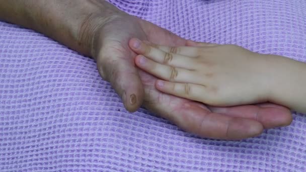 Faltige Handfläche und Kinderhand berühren sich. Großaufnahme Hände von Enkelkind und Großmutter — Stockvideo