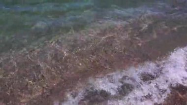 Kumsala akan temiz su. Deniz kıyısında seyahat et. Şeffaf bulanık deniz dalgaları.
