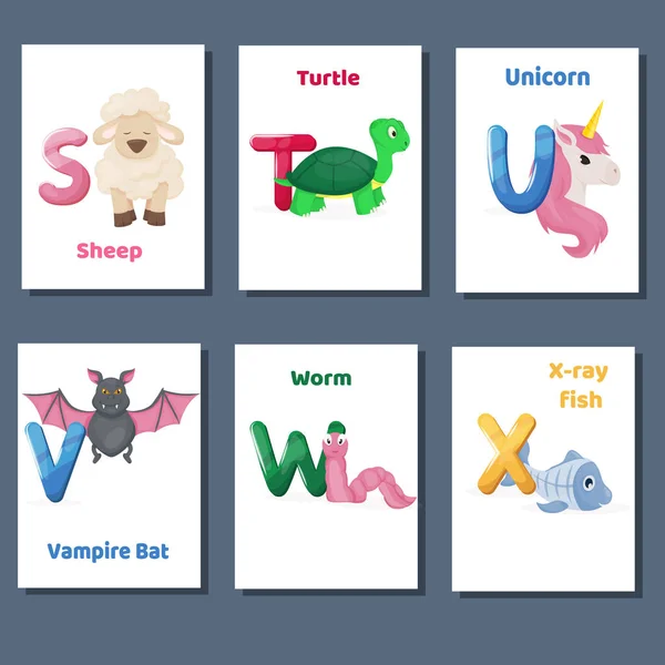 Ábécé nyomtatható kártyákat vektoros gyűjtemény a levelet S T U V W x Zoo állatok az angol nyelv oktatás. — Stock Vector