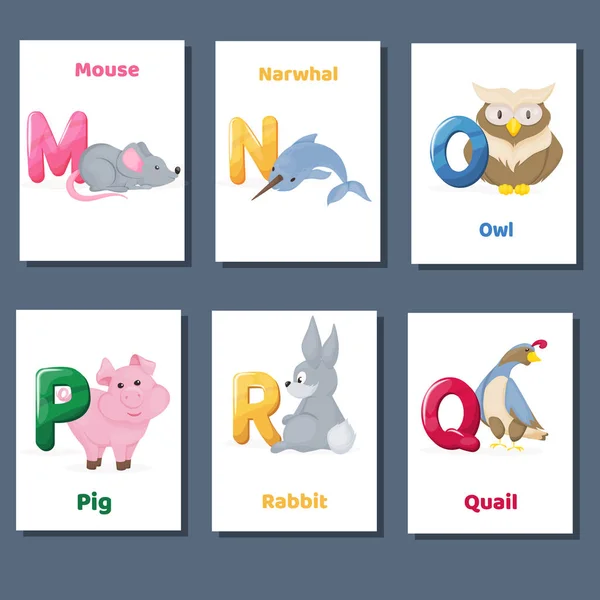 Alfabeto imprimible flashcards vector collection with letter M N O P Q R. Zoo animals for english language education . — Vector de stock