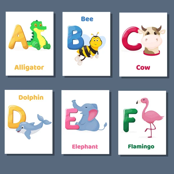 Alfabeto stampabile flashcard collezione vettoriale con lettera A B C D E F. Zoo animali per l'educazione della lingua inglese . — Vettoriale Stock