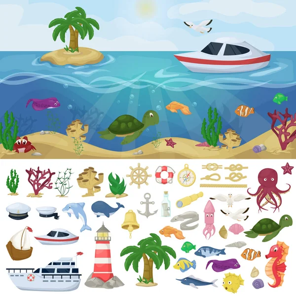 Nautical navy boats marine ocean sea animals vector water plants ocean fish cartoon illustration — Stock Vector