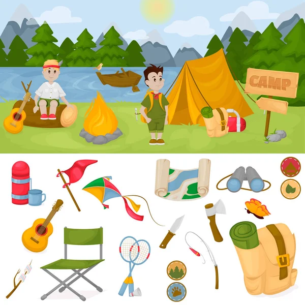 Camping niños verano campamento parque vector ilustración diversión infancia fogata naturaleza ocio al aire libre . — Archivo Imágenes Vectoriales