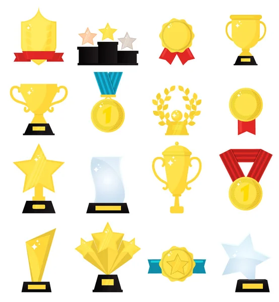 Gold Award Medal Winner Beautiful Golden Trophy Cups Champion Awards — Stock Vector