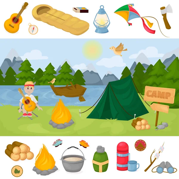 Camping children summer camp park vector illustration fun childhood campfire nature outdoor leisure.