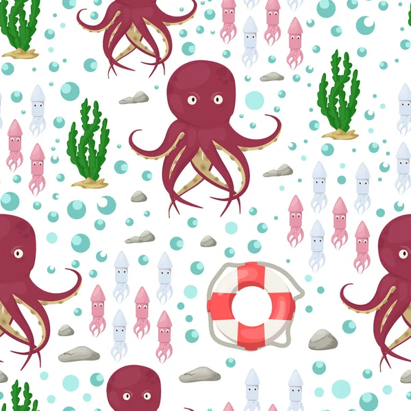 Pulpo Tentáculos Vector Animal Marino Patrón Inconsútil Fondo Calamar Agua — Vector de stock