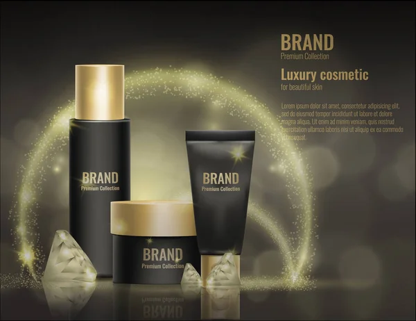 Cosmetic cream realistic template product package gold vector 3d mock up diamond advertising illustration.