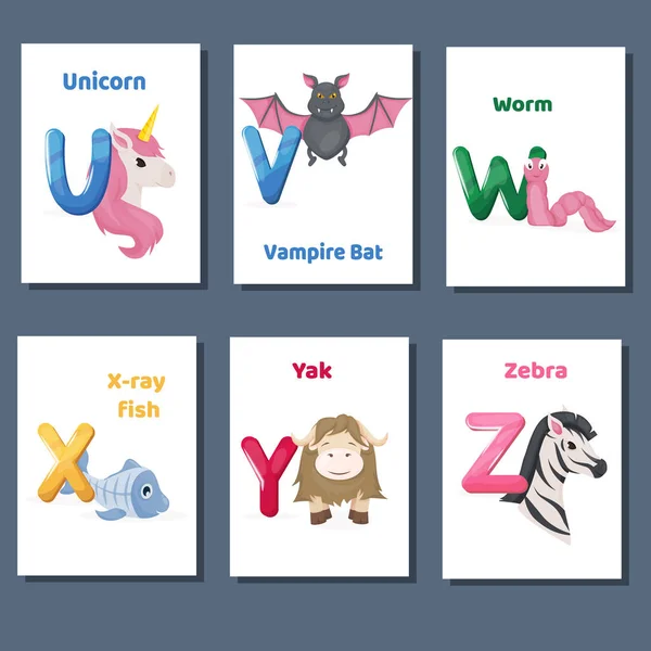 Alfabeto imprimible flashcards vector colección con letra U V W X Y Z. Animales del zoológico para la educación en inglés . — Vector de stock