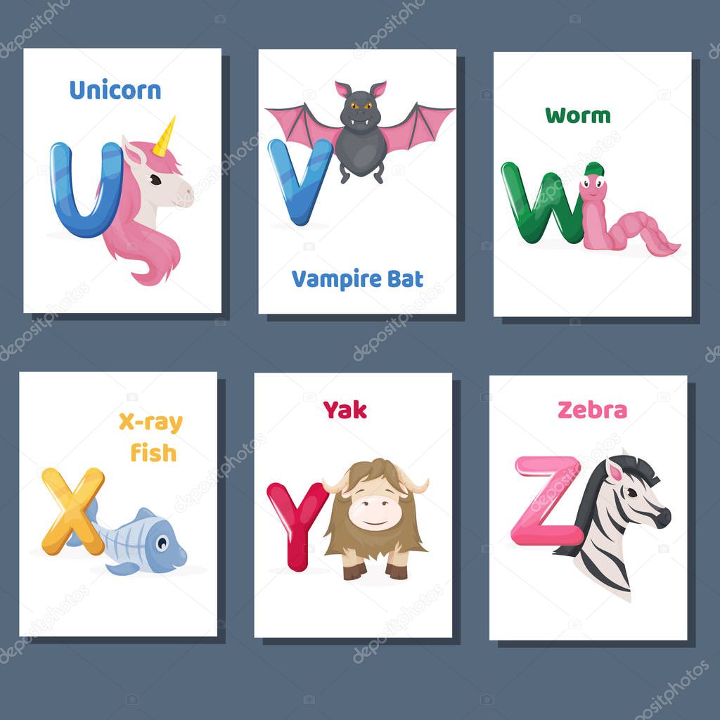 Alphabet printable flashcards vector collection with letter U V W X Y Z. Zoo animals for english language education.