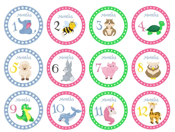 Etiquetas engomadas mes de cumpleaños con animales para bebés vector ilustración — Vector de stock