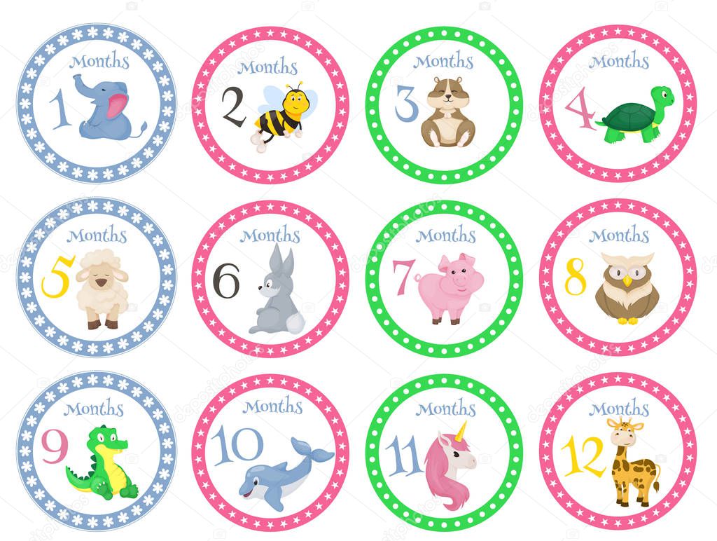 Birthday month stickers with animals for babies vector illustration