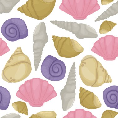 Deniz kabuğu deniz plaj doğa Dikişsiz desen arka plan renkli tropikal deniz kabuklarını sualtı illüstrasyon vektör. Yaz doğa su egzotik sarmal yumuşakça.