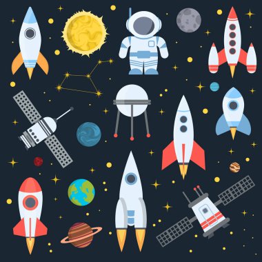 Roket sahası küre Güneş sistemi ve evren gezegen gökyüzü illüstrasyon vektör. Uçuş uzay astronot keşif seyahat Servisi. Kozmonot spaceman ulaşım rocketship.