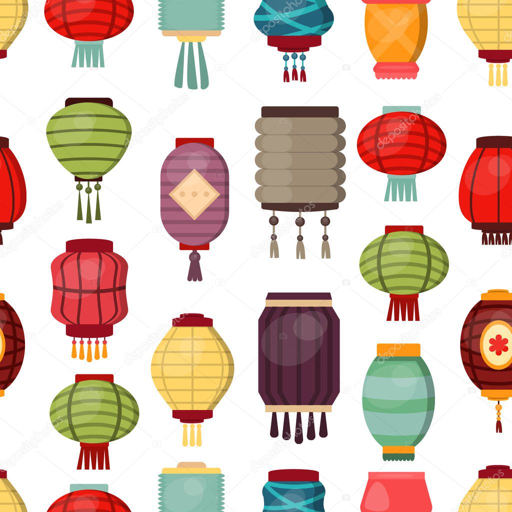 Chinese lantern seamless pattern background vector traditional china culture festival celebration asia oriental decoration illustration. Paper holiday new year east party decorative greeting paper art