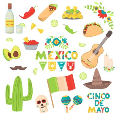 Meksika geleneksel gıda taco Nacho illüstrasyon vektör. Cinco De Mayo tatil karnaval ile bayrak simgeleri Festivali parti. Ölülerin günü veya Meksika Cadılar Bayramı dia de los muertos