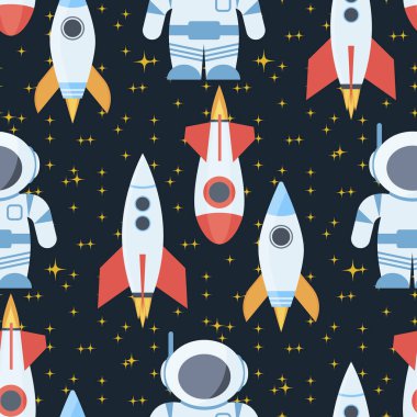 Dikişsiz desen arka plan vektör çizim roket sahası küre Güneş sistemi ve evren gezegen gökyüzü. Uçuş uzay astronot keşif seyahat Servisi. Kozmonot spaceman rocketship.