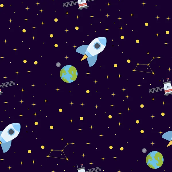 ロケット宇宙地球太陽系と惑星宇宙は空のシームレスなパターン背景ベクトル図です 飛行宇宙船宇宙飛行士探査旅行シャトル 宇宙飛行士宇宙飛行士ロケット — ストックベクタ